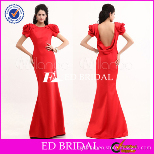YW265 Sexy Open Back Red High Neck Luxury Satin Mermaid Evening Dresses With Sleeves